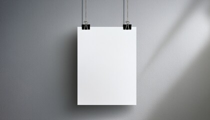 Blank white poster mock-up with metal clips on a light gray wall. Empty canvas sheet template for design, photo, or picture. Modern minimalist interior with copy space.