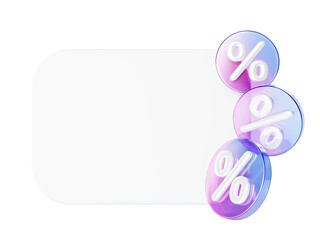 Obraz premium 3d white card mockup with glass holographic circle percent sign render. Special offer sale banner frame with label or price tag. Blank discount coupon with percentage icon, promotion