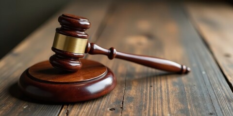 A Polished Wooden Gavel Rests on a Dark Wooden Surface, Symbolizing Justice and the Legal System