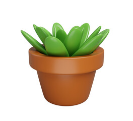 3d green plant in flower pot for home and office interior decor. Isolated succulent small foliage bush in brown ceramic flowerpot. Cute houseplant for house garden Cartoon render icon