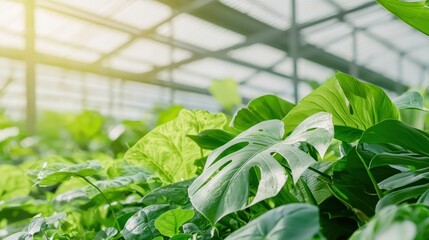 A sunlit greenhouse filled with exotic plants, creating a vibrant and fresh backdrop for eco-friendly fashion styles and copy space,