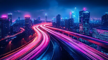 Fototapeta premium Futuristic highway with neon lights cutting through a vibrant cityscape at night with light trails