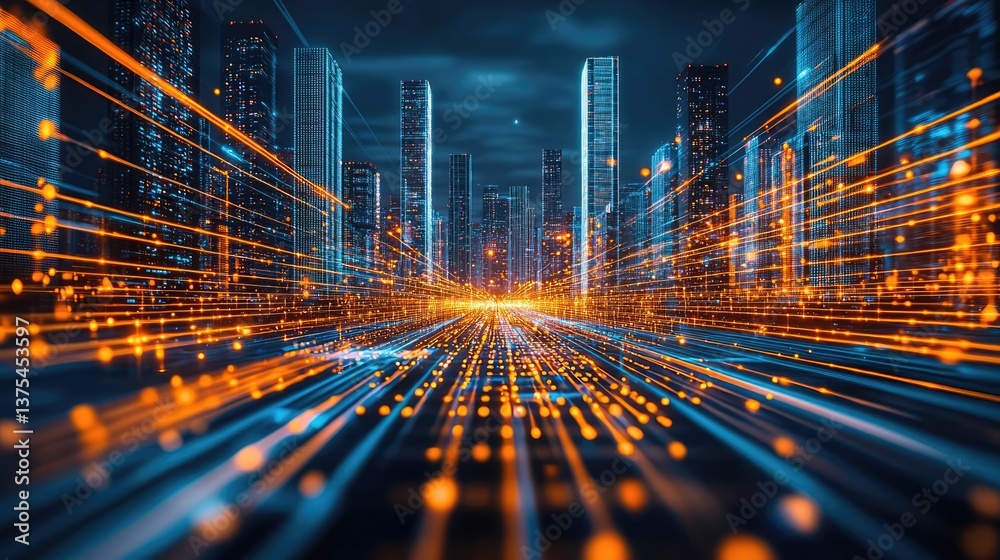 Poster Motion blur city with futuristic skyline and digital technology concept. Futuristic cityscape with flowing lights representing data streams.