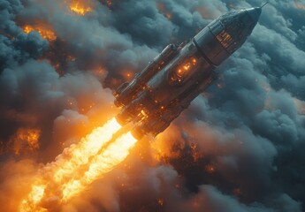 Obraz premium Futuristic Spacecraft Launch with Fiery Thrusters into Sky