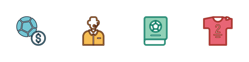 Set Soccer football ball, Football or soccer commentator, learning book and jersey and t-shirt icon. Vector