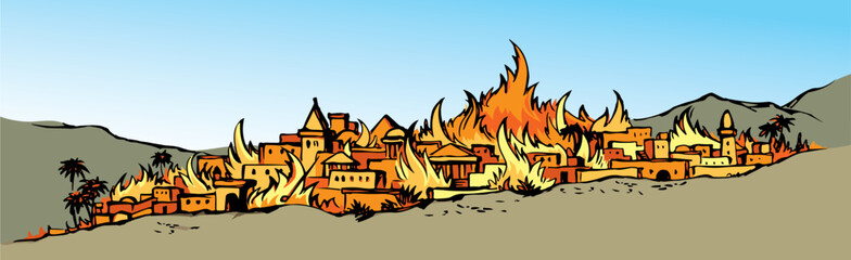 Vector drawing. Fire in the city