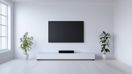 Fototapeta premium Modern audio system setup in minimalist living room featuring tv and plants