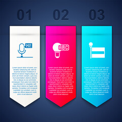 Set Microphone voice device, Creative lamp light idea and Flag. Business infographic template. Vector