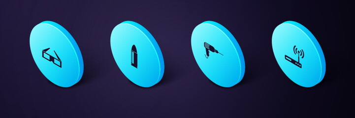 Set Isometric Router and wi-fi, Drill machine, Bullet and 3D cinema glasses icon. Vector