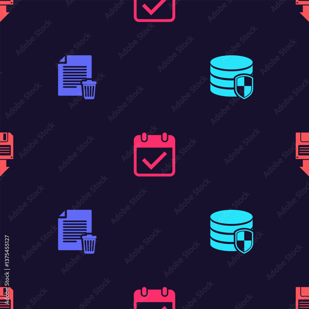 Poster set database protection, delete file document, calendar with check mark and floppy disk backup on se