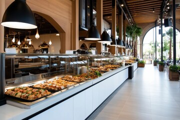 An expansive buffet display featuring a wide variety of colorful dishes, fresh ingredients, and an inviting atmosphere ideal for dining and social gatherings in a chic restaurant.