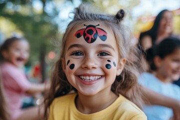 A cheerful young girl beams with a decorative ladybug face paint, reflecting the joy and excitement of outdoor play and festivities with friends during a sunny day.