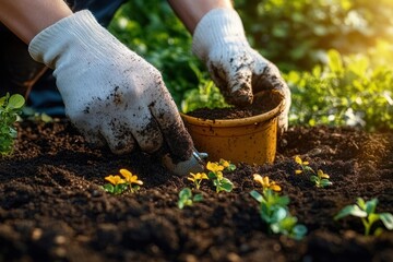 Fototapeta premium Gardener Planting Seeds in Backyard with Compost for Organic Garden Improvement