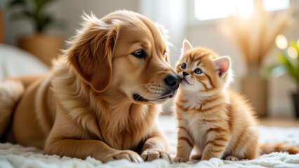 Golden Retriever and Kitten Bonding Moment: A Heartwarming Display of Inter-Species Friendship