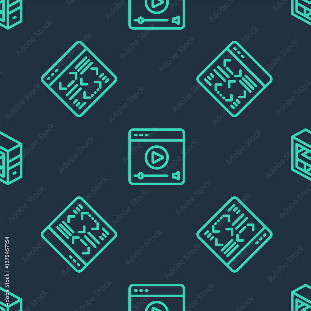 Poster set line online play video, software and computer on seamless pattern. vector