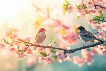 Fototapeta premium Two birds perch on a branch filled with soft pink cherry blossoms. Use for springtime promotions, nature blogs, or peaceful designs.