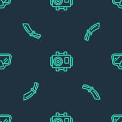 Set line Photo camera for diver, Diving knife and mask on seamless pattern. Vector