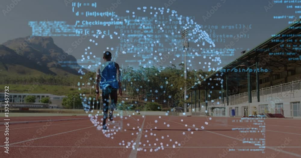 Poster runner on track with digital data and coding animation overlay
