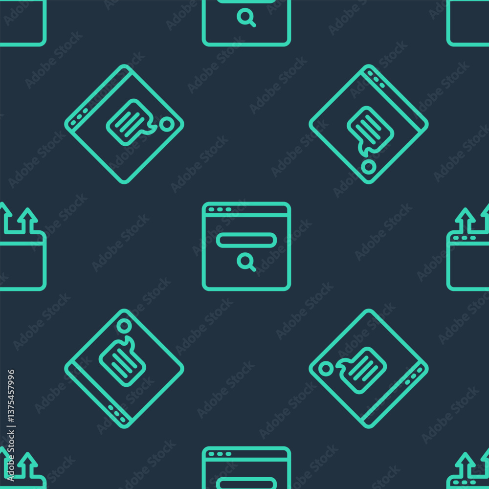 Poster set line search engine, new chat messages notification and browser window on seamless pattern. vecto