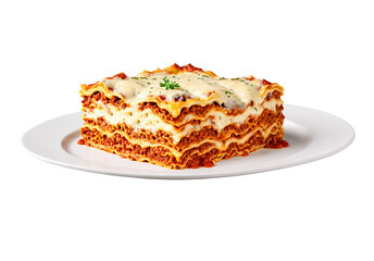Delicious homemade Italian lasagna with layers of pasta, meat sauce, ricotta cheese, mozzarella, and parmesan on a white plate, isolated on a transparent background