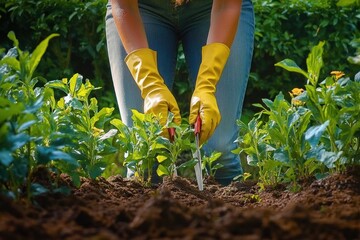 Fototapeta premium Pruning Dahlia Foliage Autumn Gardening Preparing Tubers for Winter Storage