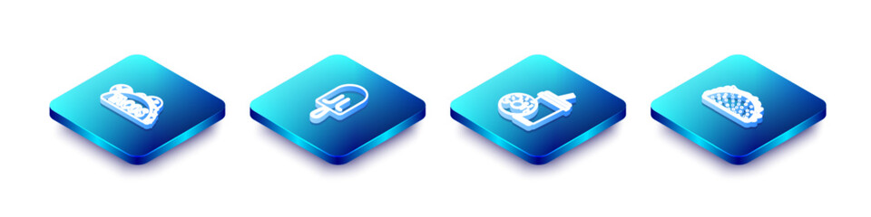 Set Isometric line Taco with tortilla, Ice cream, Soda drink donut and icon. Vector