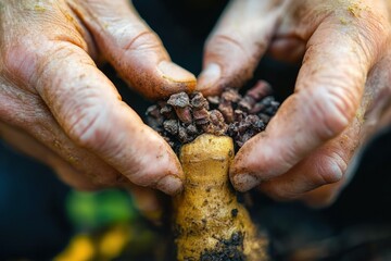 Dahlia Tuber Inspection Close Up with Growth Point and Eye Macro Photography of Woman Holding Harvested Tubers for Winter Storage