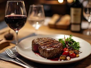 42. A fine-dining steak dinner with red wine and elegant plating