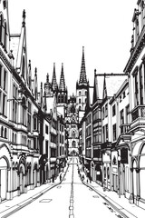 Fototapeta premium City landscape. Different buildings on street, outline cityscape hand sketch, flat houses. Hand drawn vector illustration