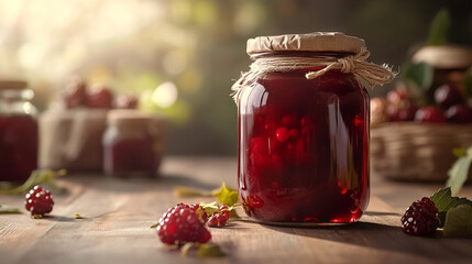 A close up of jars of homemade raspberry jam with fresh raspberries scattered on a wooden surface