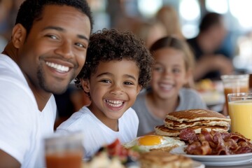 Two cheerful boys and their dad share a happy moment at breakfast, surrounded by delicious food, showcasing the bond between father and sons in a lively restaurant setting.