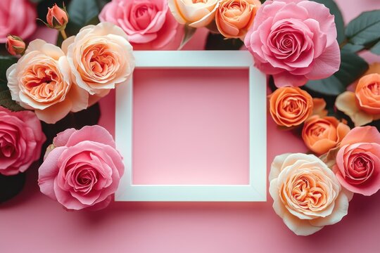Fototapeta Floral Flat Lay Mock Up with White Frame and Beautiful Coral and Orange Roses on Pastel Pink Background for Mother's Day Valentine's Day Birthday