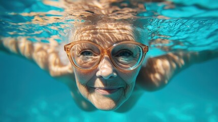 Naklejka premium Smiling senior woman with glasses underwater in blue swimming pool. Illustrate active lifestyle, healthy aging or unconventional beauty concepts.
