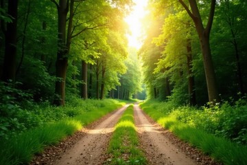 Fototapeta premium Sunlit Pathway Through a Lush Green Forest with Vibrant Foliage and a Serene Atmosphere