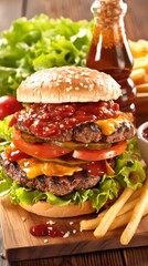 Deliciously Stacked Cheeseburger with Fresh Toppings and Crispy French Fries on a Wooden Platter Garnished with Salad Ingredients