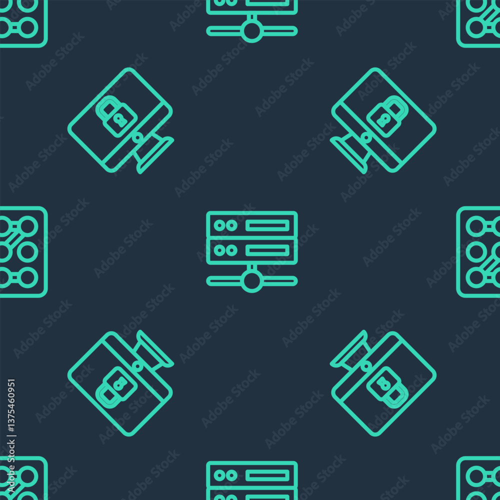 Poster set line server, data, web hosting, lock on computer monitor and graphic password protection on seam
