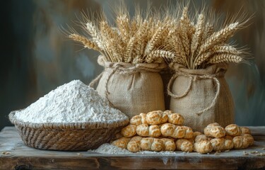 Rustic Still Life of Wheat Flour and Stalks on Wooden Surface with Soft Natural Lighting