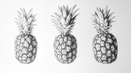 Fototapeta premium Three pineapple sketches arranged in a row on a white background showing detailed textures and shapes