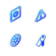 Set Isometric line Exclamation mark in triangle, Safe, and Marked key icon. Vector