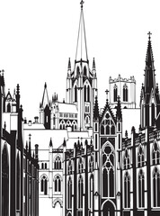 Fototapeta premium City landscape. Different buildings on street, outline cityscape hand sketch, flat houses. Hand drawn vector illustration