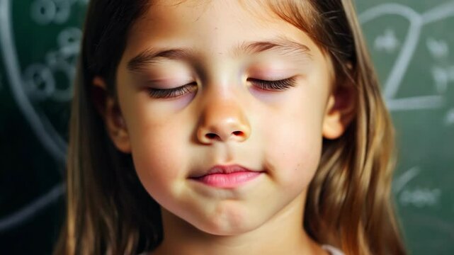 Young girl with eyes closed and changing facial expressions against chalkboard background. Her thoughtful face shows subtle movements as she appears to be concentrating or solving a problem.