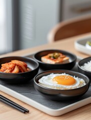 Korean breakfast with kimchi, rice, egg, and soy meat served in traditional black bowls