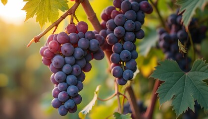 Fototapeta premium Freshly harvested clusters of ripe grapes hanging from a vine in a sunlit vineyard during late afternoon hours Generative AI