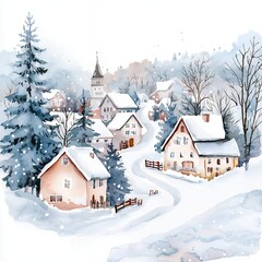 Fototapeta premium Watercolor Winter Village Scene Snow Covered Houses and Winding Road