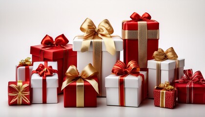 Obraz premium A collection of red and white gift wrapped presents with a red and gold ribbon bows isolated against a white background.