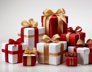 Obraz premium A collection of red and white gift wrapped presents with a red and gold ribbon bows isolated against a white background.
