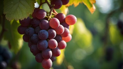 Ripe red grapes hanging in a vineyard during the late afternoon light showcasing lush green leaves Generative AI