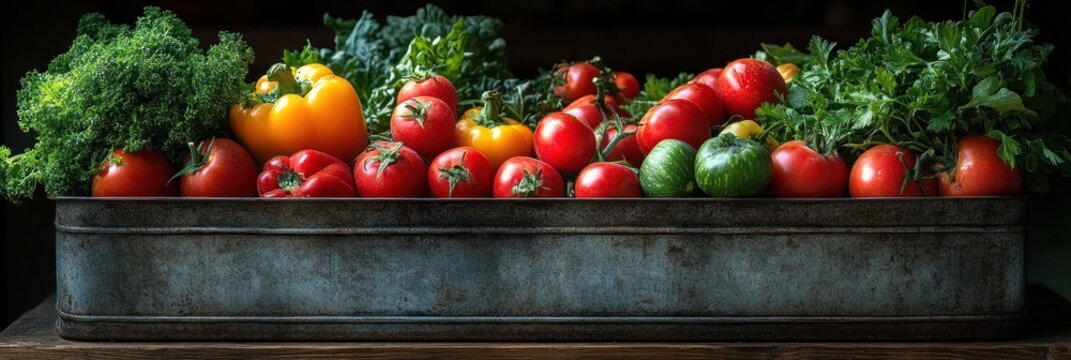 Freshly Harvested Organic Vegetables in Rustic Container Homegrown Produce from Sustainable Farming