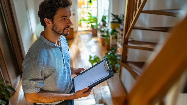 Home Inspector Conducting Indoor Air Quality Assessment with Clipboard on Stairs