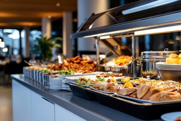 A sumptuous buffet setup featuring a wide variety of breakfast and lunch options, showcasing vibrant colors and delicious presentation for an inviting dining experience.